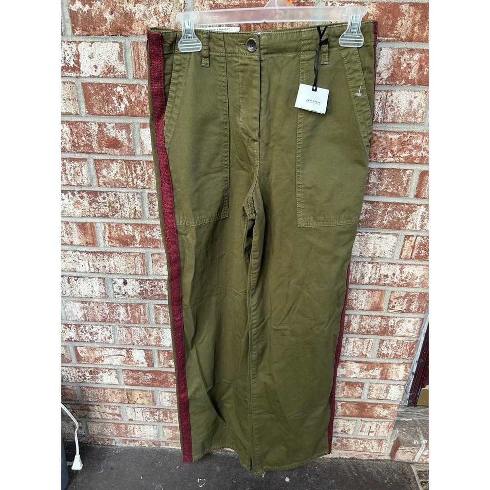 Zara Khaki Straight Leg Pants with Burgundy Stripe